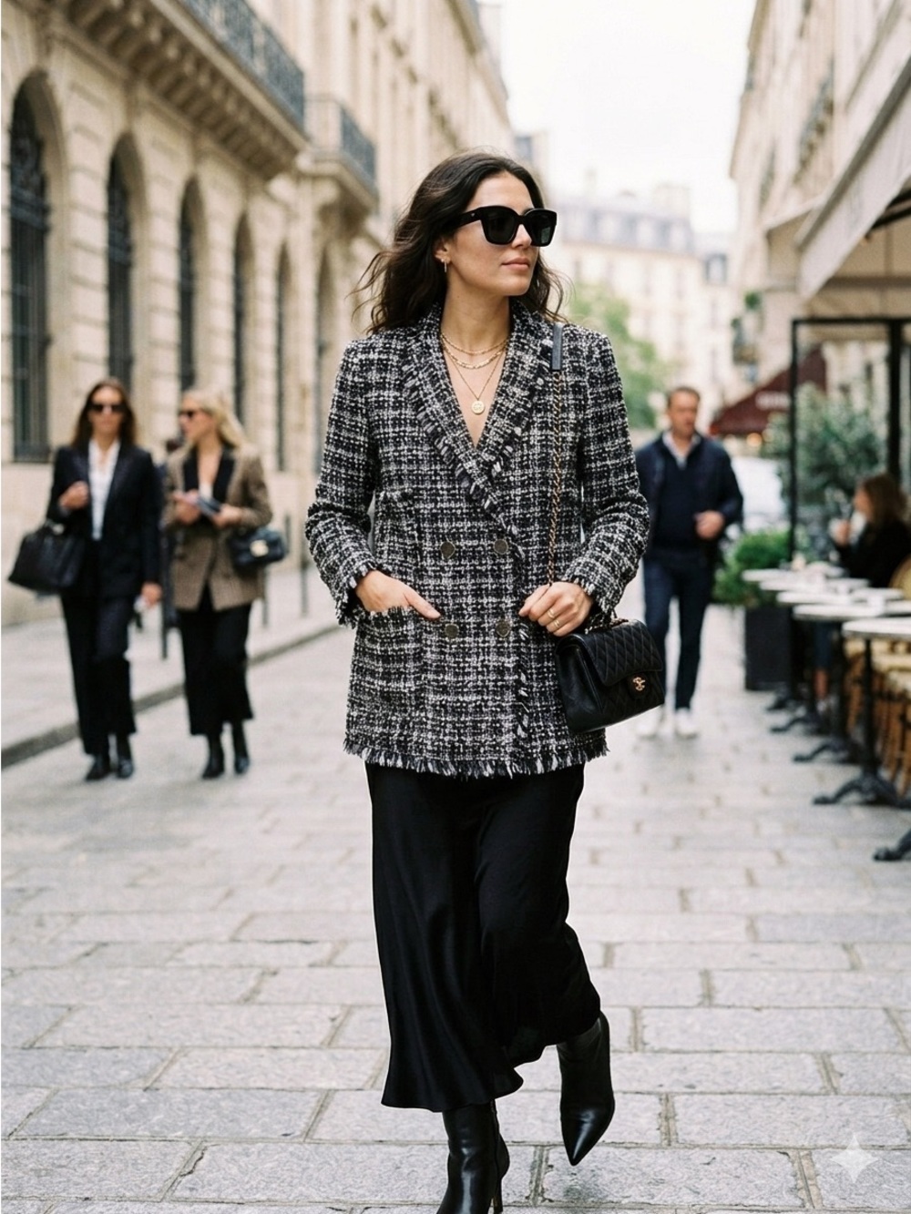 MSGM Black & White Tweed Double Breasted Fringe Blazer - US 10 (IT 46)